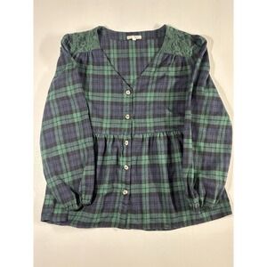 Maurices Green/Navy/Blue Plaid Flannel Babydoll Top Lace Shoulders Size Medium